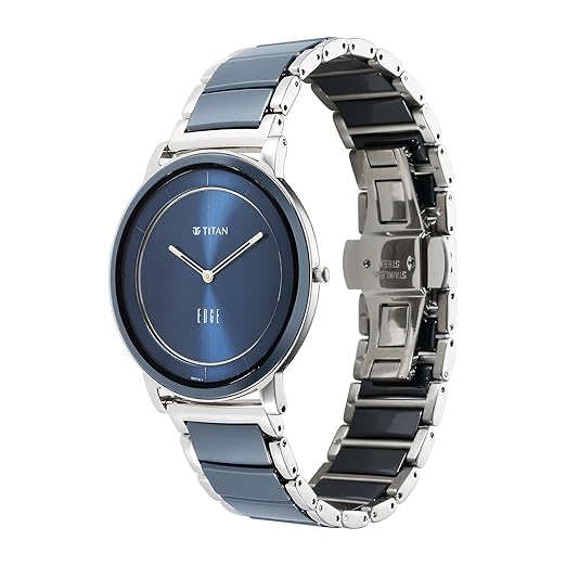 EDGE Titan Fusion Quartz Analog Midnight Blue Dial Two Toned Silver Steel & Blue Ceramic Strap Watch for Men - NT1878KD02