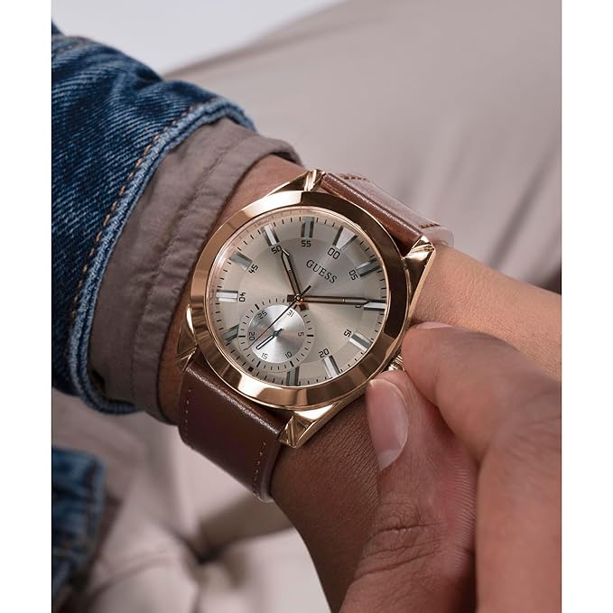 GUESS Grayson Analog Watch for Man with Grey Round Dial & Brown Leather Strap Band Water Resistant Men's Wrist Watches - GW0793G3