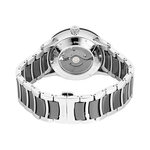 Titan Ceramic Fusion Automatic Black Dial Silver Dual-Toned Stainless Steel Bracelet Analog Watch for Men-90174KD01/NT90174KD01