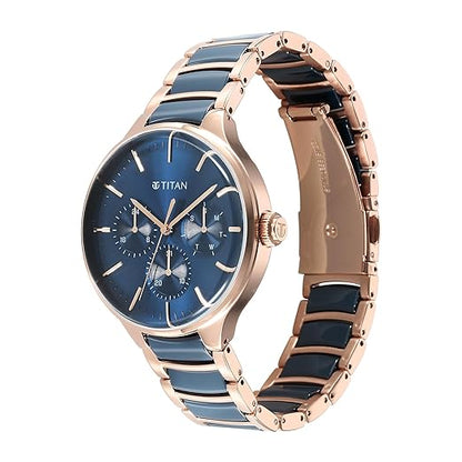 Titan Ceramic Fusion Quartz Multifunction Blue Dial with Two Toned Color Stainless Steel Strap Watch for Men-90148KD04/NT90148KD04
