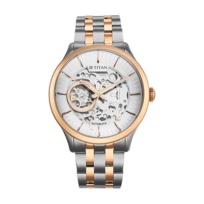 Titan Metal Mechanicals Automatic White Dial Two Toned Silver and Rose Gold Stainless Steel Strap Watch for Men - NT90140KM01