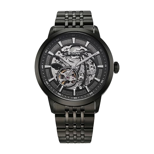 Titan Phoenix Skeletal Automatic Analog with Gun Dial Black Stainless Steel Strap Watch for Men - ‎90223NM01