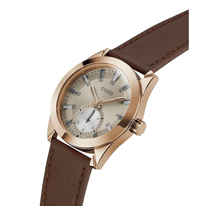 GUESS Grayson Analog Watch for Man with Grey Round Dial & Brown Leather Strap Band Water Resistant Men's Wrist Watches - GW0793G3