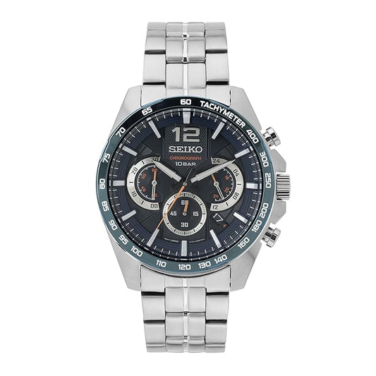 Seiko Analog Black Dial Men's Watch-SSB345P1 Stainless Steel, Silver Strap