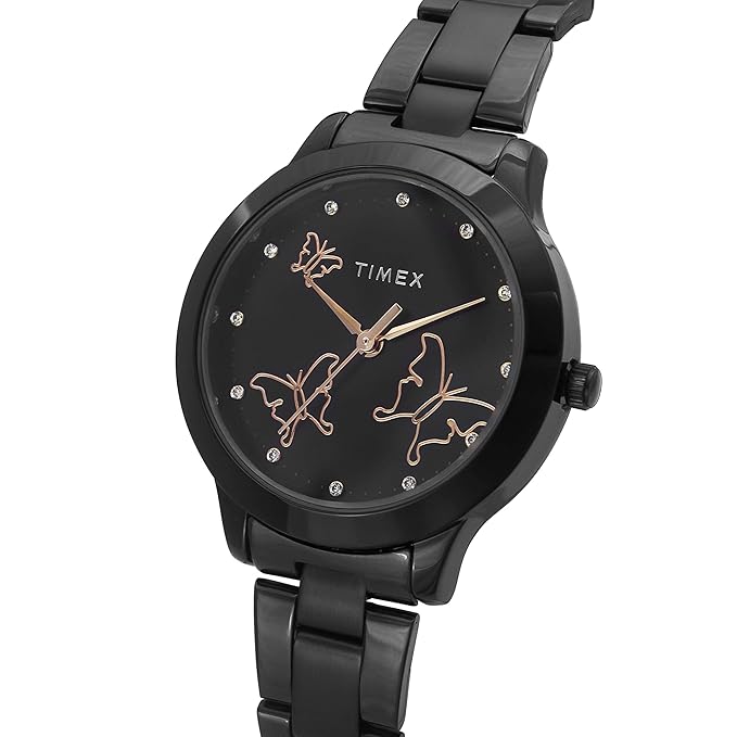 TIMEX Analog Watch for Women with Black Round Dial & Black Stainless Steel TW000T633