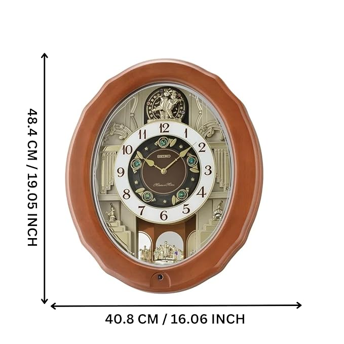 SEIKO Elegant Brown Oval Wooden Hourly Chime 30 Melody in Motion Home Decor Wall Clock with One Way Rotating Pendulum - QXM604BT