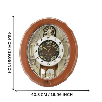 SEIKO Elegant Brown Oval Wooden Hourly Chime 30 Melody in Motion Home Decor Wall Clock with One Way Rotating Pendulum - QXM604BT