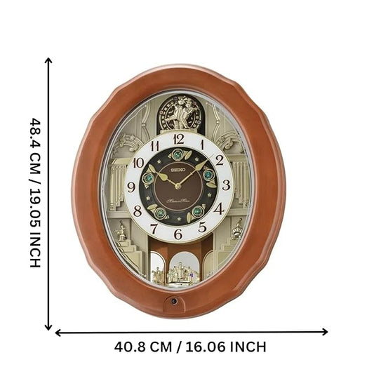 SEIKO Elegant Brown Oval Wooden Hourly Chime 30 Melody in Motion Home Decor Wall Clock with One Way Rotating Pendulum - QXM604BT