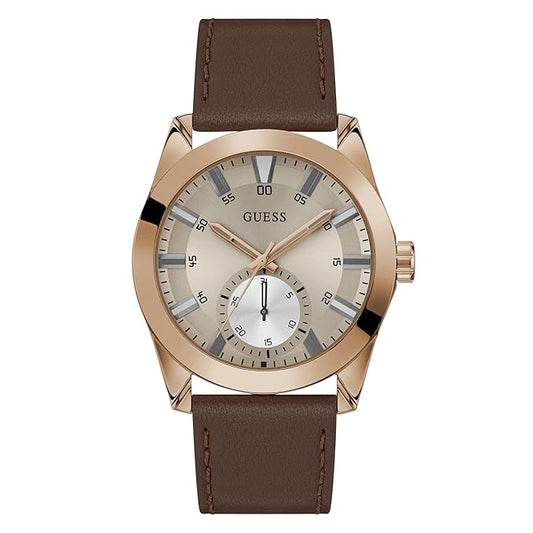 GUESS Grayson Analog Watch for Man with Grey Round Dial & Brown Leather Strap Band Water Resistant Men's Wrist Watches - GW0793G3