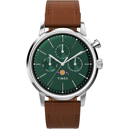 TIMEX Marlin Analog Green Round Dial & Brown Leather Strap Band Water Resistant Men's Wrist Watch - TWEG26800