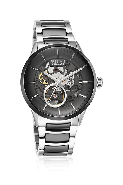 Titan Ceramic Fusion Automatic Black Dial Silver Dual-Toned Stainless Steel Bracelet Analog Watch for Men-90174KD01/NT90174KD01