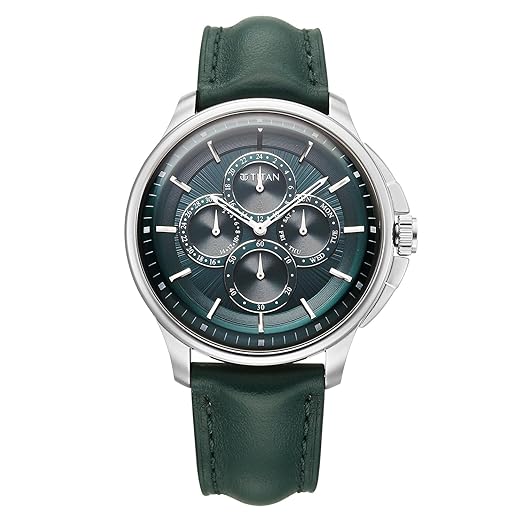 Titan Classique Four Eye Multifunction Analog with Green Dial Green Leather Strap Watch for Men - 90217SL02