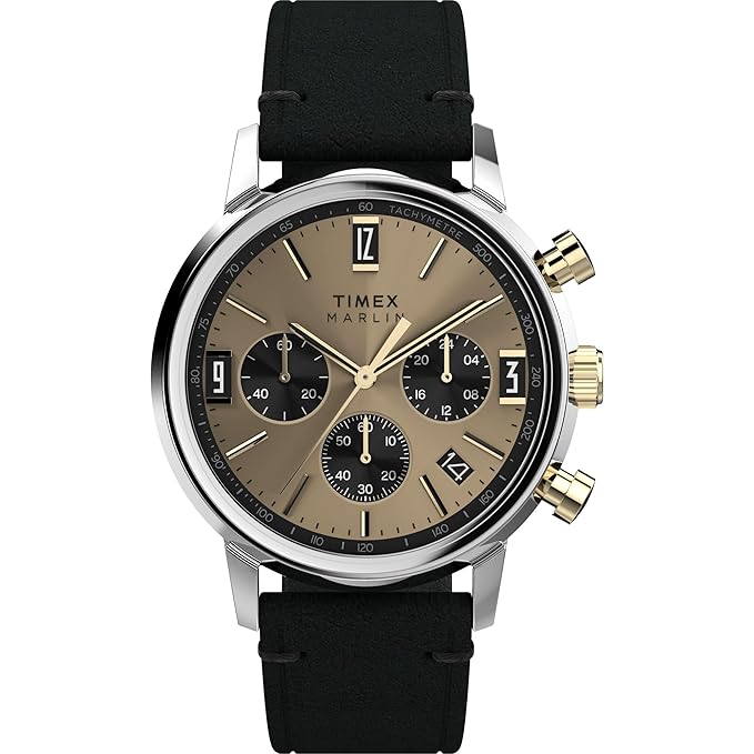 TIMEX Marlin Analog Champagne Round Dial & Black Leather Strap Band Water Resistant Men's Wrist Watch - TWEG26709