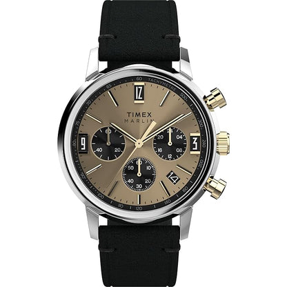 TIMEX Marlin Analog Champagne Round Dial & Black Leather Strap Band Water Resistant Men's Wrist Watch - TWEG26709