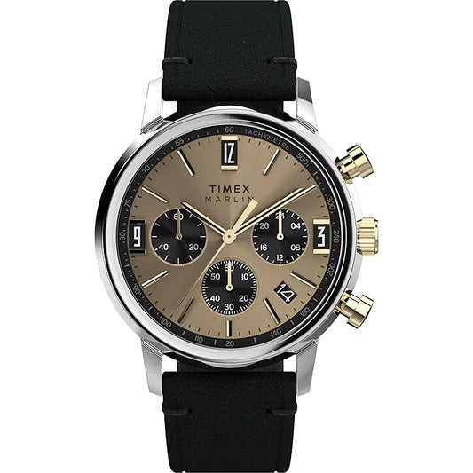 TIMEX Marlin Analog Champagne Round Dial & Black Leather Strap Band Water Resistant Men's Wrist Watch - TWEG26709