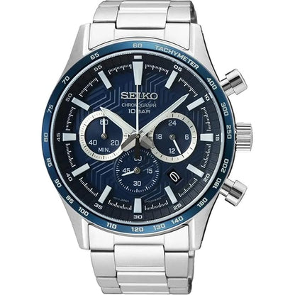 Seiko Stainless Steel Chronograph Quartz Watch for Men- Ssb445P1, Blue Dial, Bandcolor-Silver