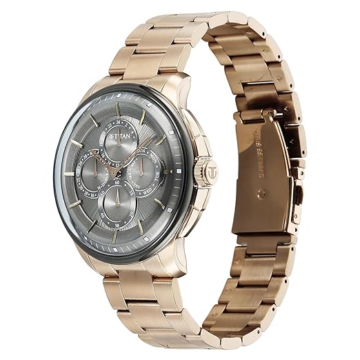 Titan Classique Four Eye Multifunction Analog with Anthracite Dial Carnation Gold Stainless Steel Strap Watch for Men - 90217KM02