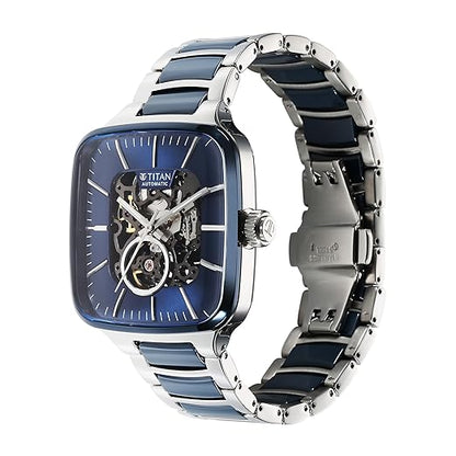 Titan Ceramic Fusion Automatic Blue Dial Two Toned Silver Stainless Steel & Blue Ceramic Strap Watch for Men - NT90175KD02