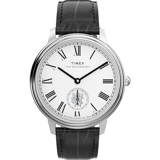 TIMEX Waterbury Metropolitan Analog Silver Round Dial & Black Leather Strap Band Water Resistant Men's Wrist Watch - TW2Y23100IK