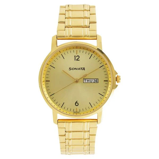 Sonata Quartz Analog with Day and Date Champagne Dial Stainless Steel Strap Watch for Men