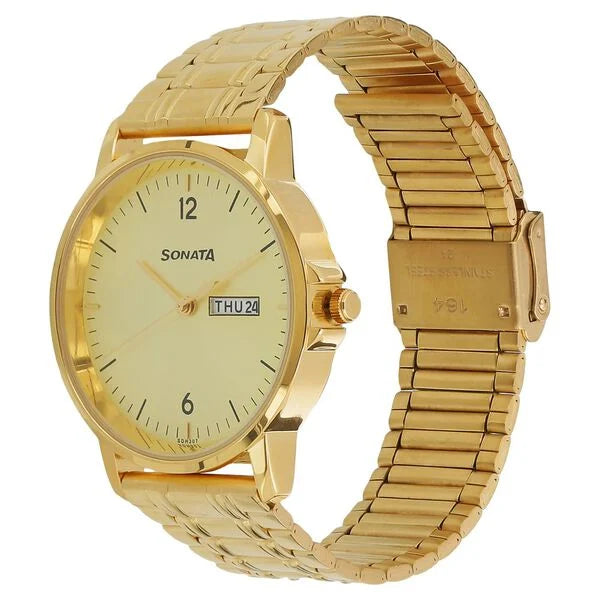 Sonata Quartz Analog with Day and Date Champagne Dial Stainless Steel Strap Watch for Men