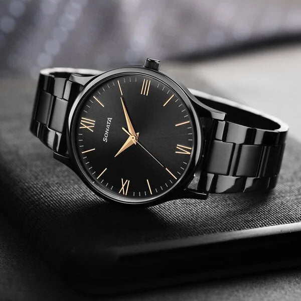 Sonata Aspire Quartz Analog Black Dial Stainless Steel Strap Watch for Men nu77105nm09w