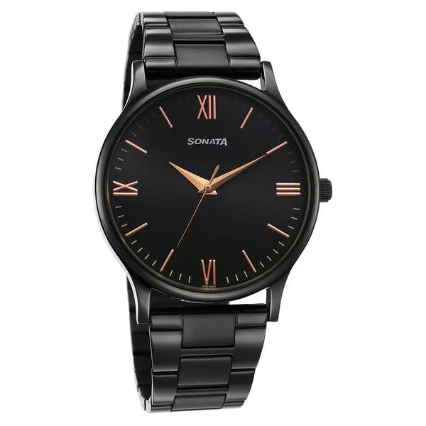Sonata Aspire Quartz Analog Black Dial Stainless Steel Strap Watch for Men nu77105nm09w