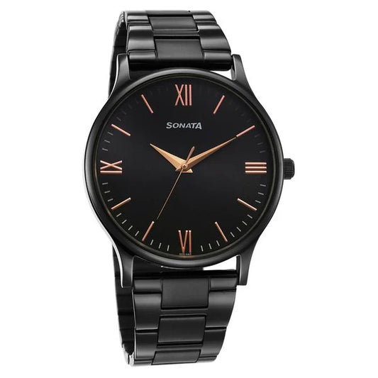 Sonata Aspire Quartz Analog Black Dial Stainless Steel Strap Watch for Men nu77105nm09w