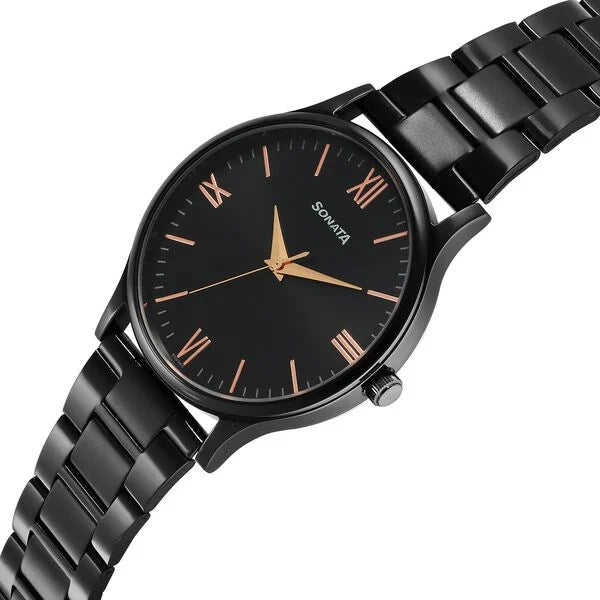 Sonata Aspire Quartz Analog Black Dial Stainless Steel Strap Watch for Men nu77105nm09w