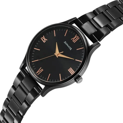 Sonata Aspire Quartz Analog Black Dial Stainless Steel Strap Watch for Men nu77105nm09w