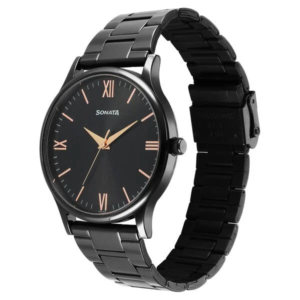 Sonata Aspire Quartz Analog Black Dial Stainless Steel Strap Watch for Men nu77105nm09w