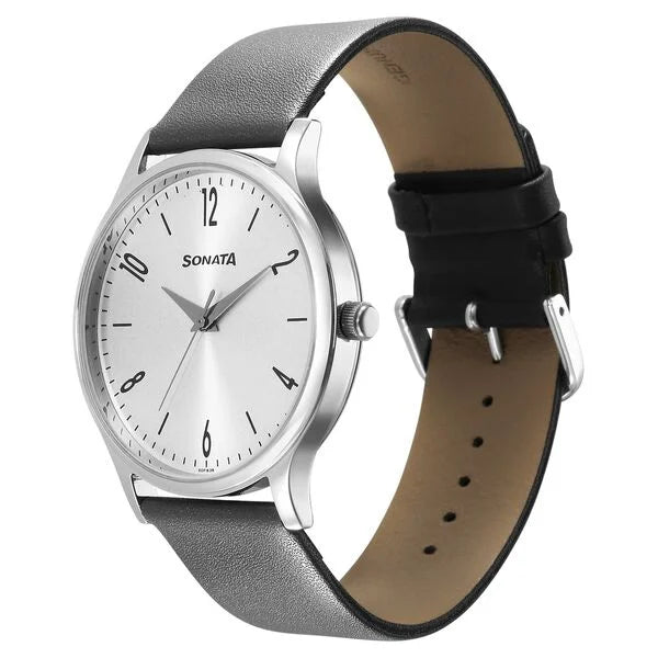 Sonata Aspire Quartz Analog Grey Dial Leather Strap Watch for Men