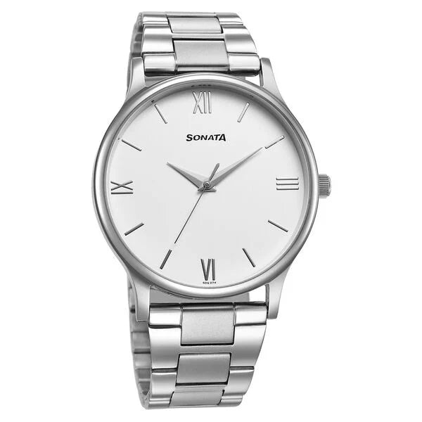 Sonata Aspire Quartz Analog White Dial Stainless Steel Strap Watch for Men nu77105sm12w