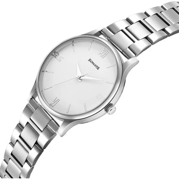 Sonata Aspire Quartz Analog White Dial Stainless Steel Strap Watch for Men nu77105sm12w