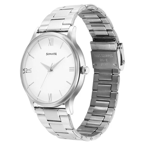 Sonata Aspire Quartz Analog White Dial Stainless Steel Strap Watch for Men nu77105sm12w