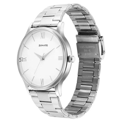 Sonata Aspire Quartz Analog White Dial Stainless Steel Strap Watch for Men nu77105sm12w