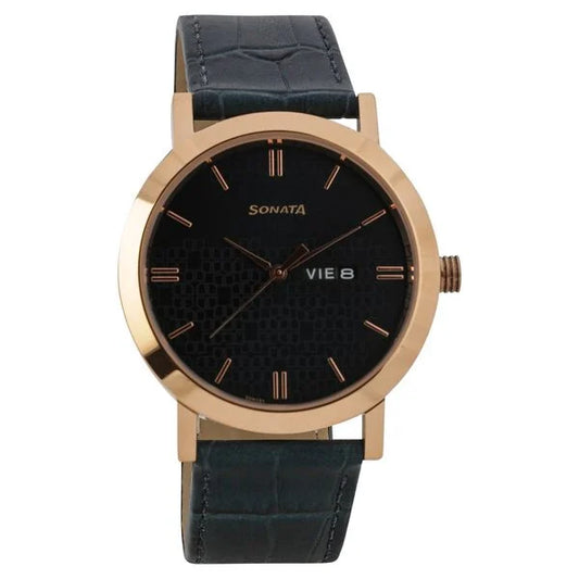 Sonata Quartz Analog with Day and Date Green Dial Leather Strap Watch for Men NR77108WL03