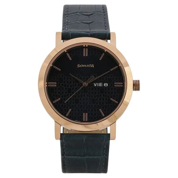 Sonata Quartz Analog with Day and Date Green Dial Leather Strap Watch for Men NR77108WL03
