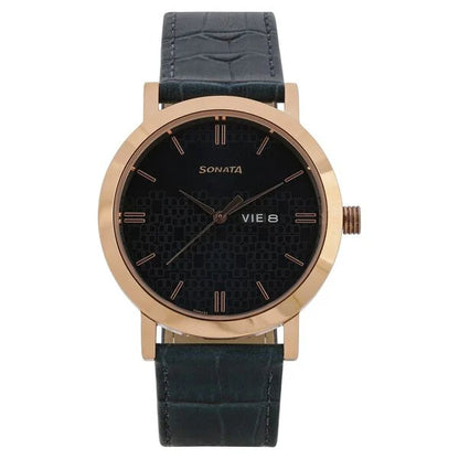 Sonata Quartz Analog with Day and Date Green Dial Leather Strap Watch for Men NR77108WL03