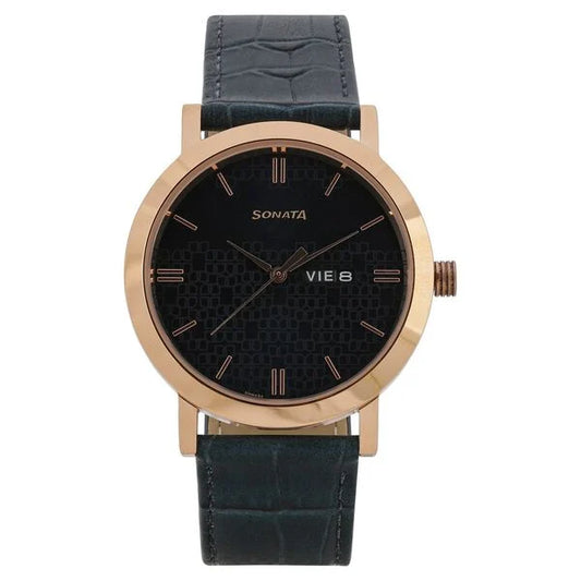 Sonata Quartz Analog with Day and Date Green Dial Leather Strap Watch for Men NR77108WL03