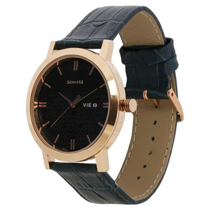 Sonata Quartz Analog with Day and Date Green Dial Leather Strap Watch for Men NR77108WL03
