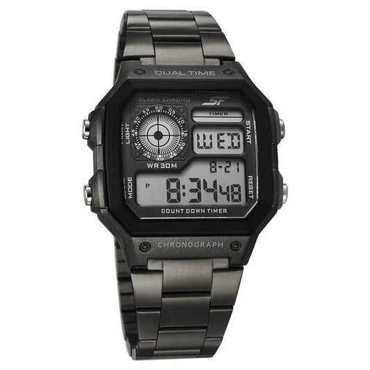 Sonata Hexa Digital Black Dial Grey Color Stainless Steel Strap Watch For Unisex NU77134PM06W