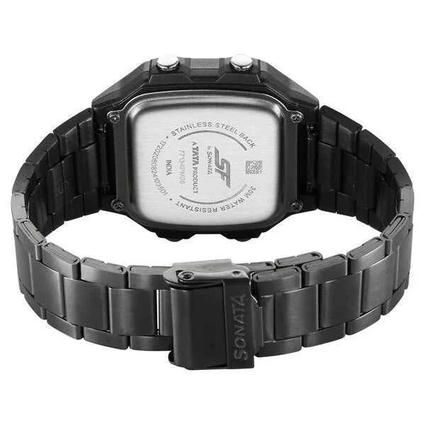 Sonata Hexa Digital Black Dial Grey Color Stainless Steel Strap Watch For Unisex NU77134PM06W