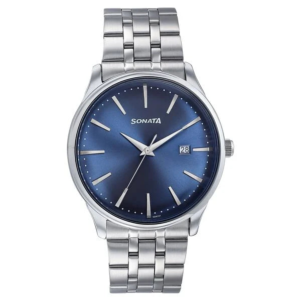 Sonata Wedding Edit Quartz Analog with Date Blue Dial Stainless Steel Strap Watch For Men