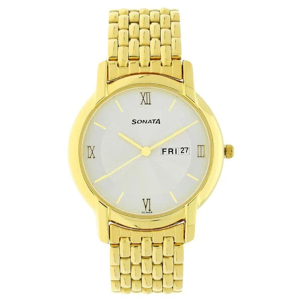 Sonata Quartz Analog with Day and Date White Dial Stainless Steel Strap Watch for Men np7954ym01w