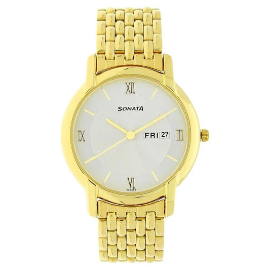 Sonata Quartz Analog with Day and Date White Dial Stainless Steel Strap Watch for Men np7954ym01w