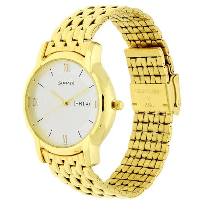 Sonata Quartz Analog with Day and Date White Dial Stainless Steel Strap Watch for Men np7954ym01w