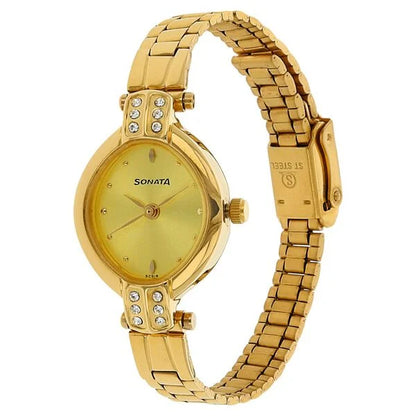 Sonata Quartz Analog Champagne Dial Stainless Steel Strap Watch for Women