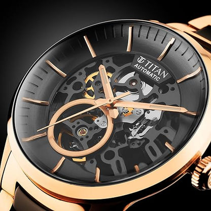 Titan Ceramic Fusion Automatic Anthracite Dial Two Toned Rose Gold and Grey Stainless Steel Bracelet Watch for Men - NT90174KD03