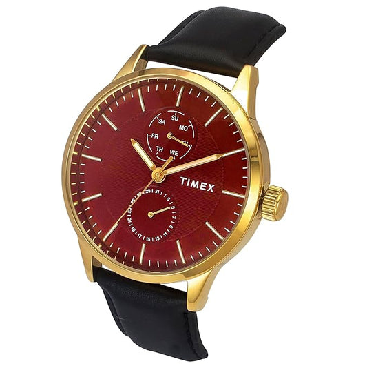 TIMEX Analog Watch for Man with Red Round Dial & Black Leather Strap Band Water Resistant Men's Wrist Watches - TWEG19938
